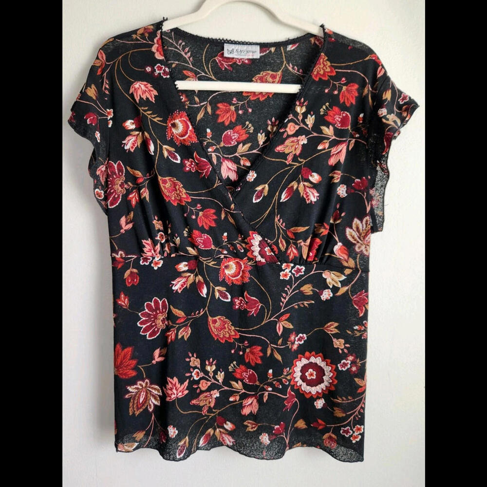 Vintage Y2k 90s Self Esteem Top V Neck Extra Large Black Floral Sheer